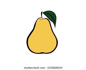 
A yellow pear with a green leaf