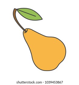 Yellow pear with green leaf close-up icon flat design on white background. Appetizing edible fruit with brown twig and verdant foliage. Vector illustration for infographics, websites, mobile app.