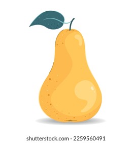 Yellow pear with green leaf. Cute vector illustration in cartoon style.