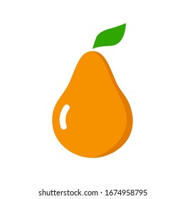 Yellow pear with green leaf isolated on white background. Flat icon design