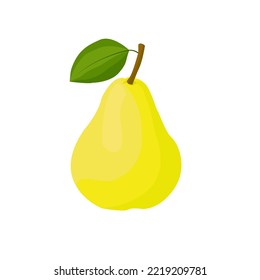 pera amarilla con hoja verde sobre fondo blanco, plana, estilo caricatura. Para diseño web e impresión. Ilustración vectorial.