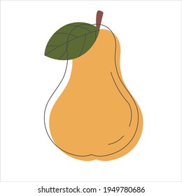 Yellow pear with green leaf, ripe fruit. Vegetarian organic natural food. Fashionable modern flat colorful collection. Vector illustration in a flat linear style.