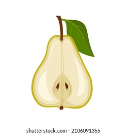 Yellow pear icon. Halve fruit with seeds and leaf. Sweet food for diet. Vector flat illustration