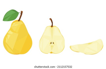 yellow pear isolated on white background. whole pear, half and slice of pear. geometric style. fresh fruits. flat vector. 