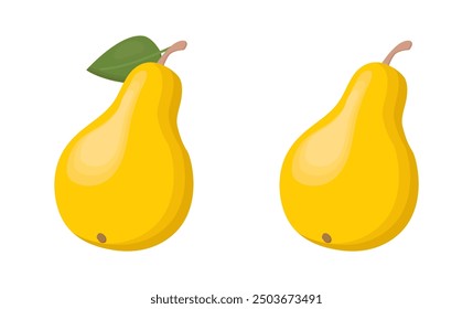 Yellow pear isolated on a white background. Vector illustration, icon of fruits. Two pears and leaf in a hand-drawn style.	