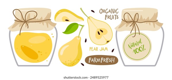 Yellow Pear Jam. Canned pear hand drawn set. Homemade fruit jelly in glass jar isolated. Jar preserved fruits. Flat vector Food template for menu, sticker, logo, detox diet concept, farmers market.