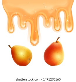 Yellow pear Jam flow, realistic 3D syrup Liquid drips on a white background, design template, vector EPS 10 format