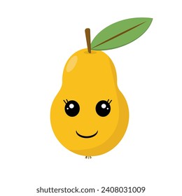 A yellow pear with kawaii eyes smiles. Vector illustration in flat style. Funny cartoon character for agriculture or food design