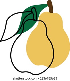 Yellow pear with a leaf and outline on a white background