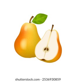 Yellow pear with leaf, whole and half cut fruit. Vector 3D illustration of healthy food, natural organic healthy fruit, fresh pears vitamins, natural delicious fruit