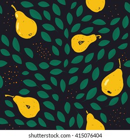 Yellow pear. The pattern with pears and leaves . Pears on a dark background . Illustration with pears