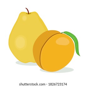 Gelbe Birne und Pfirsich. Einzige Frucht auf weißem Hintergrund. Vektorgrafik.