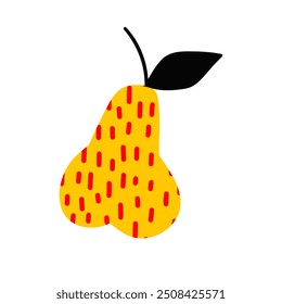 Yellow pear with red stripe in doodle style. Vector illustration of textured pear isolated on white background