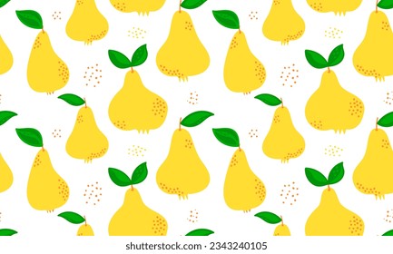 Yellow pear seamless pattern. Bright fruits design with hand drawn doodle dots for kitchen, fabric, textile, wallpaper, apparel, clothes, wrapping