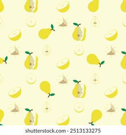 Padrão sem emenda de pera amarela, emblema do produto de pera fresca da fazenda para a mercearia, Slides, seções longas e transversais, e posições diferentes, ilustração vetor simples plana de legumes e frutas.