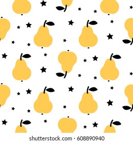 Yellow pear seamless vector pattern with stars on white. Scandinavian style fruit pattern.