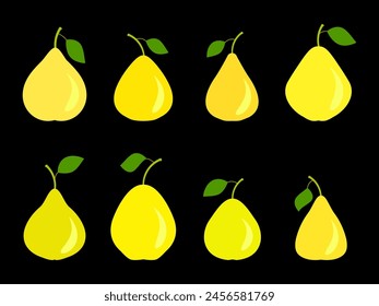 Yellow pear set isolated on black background. Yellow pears with one leaf. Pears icon collection. Design for printing on fabric, banners and promotional items. Vector illustration