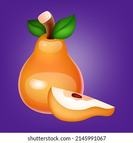 gelbe Birne mit einer Scheibe auf violettem Hintergrund