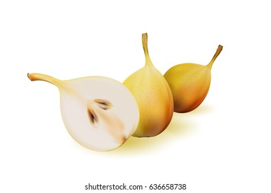 Yellow pear as source of vitamins and minerals to increase energy and combat fatigue and depression. Pear and a half. Mesh. Photo realistic image in pastel colours.