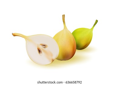 Yellow pear as source of vitamins and minerals to increase energy and combat fatigue and depression. Pear and a half. Mesh. Photo realistic image in pastel colours.