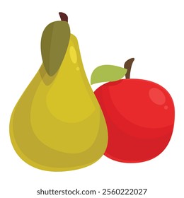 Yellow pear standing next to a red apple, both with leaves attached, isolated on a white background