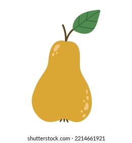 Yellow pear with twig anf leaf. Isolated vector illustration in flat style.