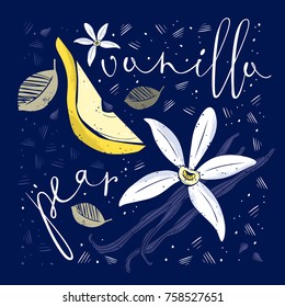 Yellow pear and vanilla. Decorative card. Hand drawn vector illustration