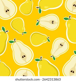 Yellow pear with white outline seamless pattern. Tropical fruit cartoon. Can be used for paper wrapping and fashion fabric