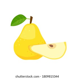 Yellow pear whole fruit with slice. Vector flat illustration isolated on white background