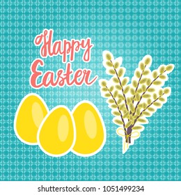 Yellow pearl yellow bouquet. Happy easter card on a bright fabric texture. Vector illustration.