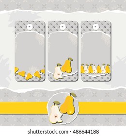 yellow pears on torn paper on retro patterned background seasonal autumn food fruit badge set with place for your text