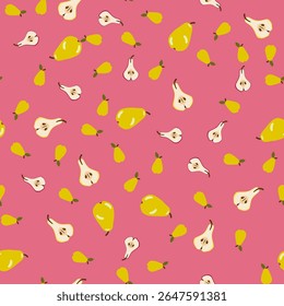 Peras amarelas e peras metades no fundo rosa jogado ao redor. Design de padrão contínuo