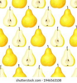 Yellow pears seamless pattern. Ripe and half pear. Color background.