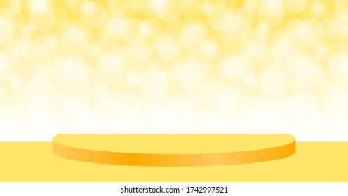 yellow pedestal stage on bokeh soft for background, stage podium 3d for cosmetics product display show, yellow pedestal stand deluxe for backdrop, stage pedestal for award or success concept show