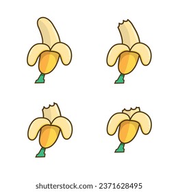Yellow peeled banana with bite steps in different sizes on a white background.