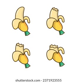 Yellow peeled banana with bite steps in different sizes on a white background.