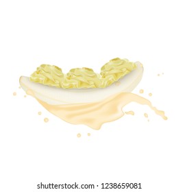 Yellow Peeled Banana without skin. Realistic 3d Banana Juice Splash Cream. Detailed 3d Illustration Isolated On White. Design Element For Web Or Print Packaging. Vector Illustration.