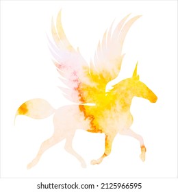 yellow pegasus watercolor silhouette, isolated vector