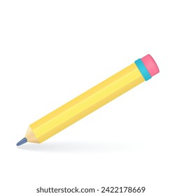 Yellow Pencil 3D render model icon. Graphic concept for your design. Embedded pink eraser for deleting errors. vector illustration.