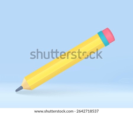 Yellow Pencil 3D render model icon. Graphic concept for your design. Embedded pink eraser for deleting errors. vector illustration.