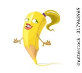 yellow pencil cartoon character girl with long hair