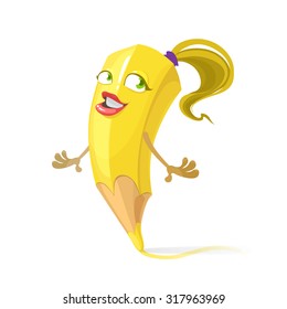 yellow pencil cartoon character girl with long hair