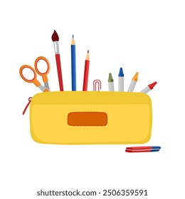 Yellow pencil case with stationery isolated on white background. Office or education tools, creativity equipment. Children stationery for writing and drawing. Students, classroom illustration.