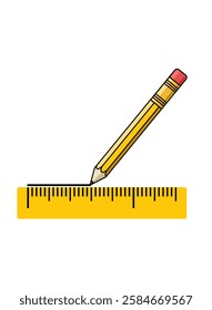 Yellow Pencil drawing a Line from a Ruler. Vector graphic illustration isolated on white background.