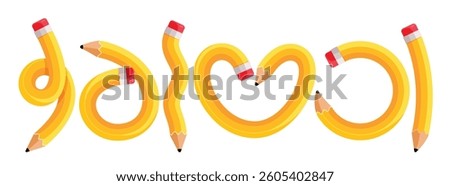 Yellow pencil elements clipart set design. School pen drawing and writing elements clip art collection in curved, heart shape, tie and spiral style educational pictogram collection vector illustration