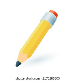 Yellow Pencil With Eraser 3D Icon. Stationery Or Tool For Drawing Or Writing 3D Vector Illustration On White Background. Education, School Supplies, Art, Business, Creativity Concept