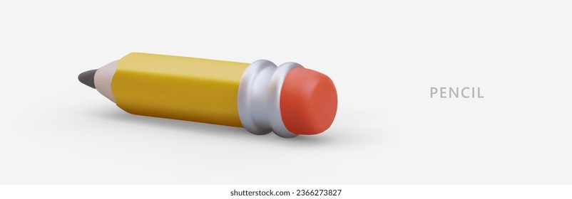 Yellow pencil with eraser. Accessory for notes, records, drawings. Learning symbol. School supplies, stationery. Horizontal concept on gray background