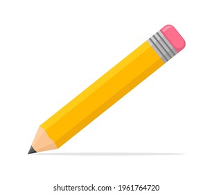 Yellow pencil flat icon. Lead pencil with eraser. Wooden sharp pencil. Office supplies. Vector illustration.