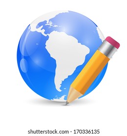 Yellow Pencil and Globe Publish Icon Vector Illustration