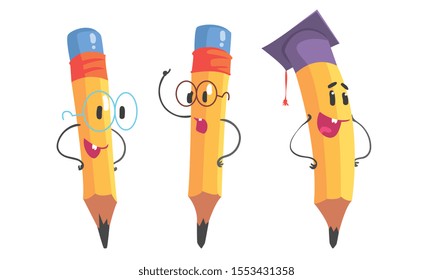 Yellow pencil with hands and glasses. Vector illustration.